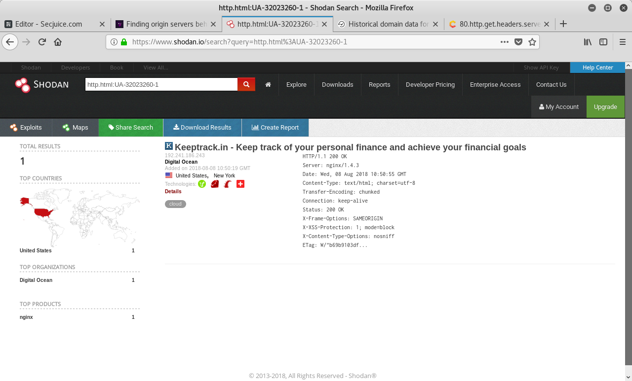 Shodan search for website source code containing a specific tracking code identifier