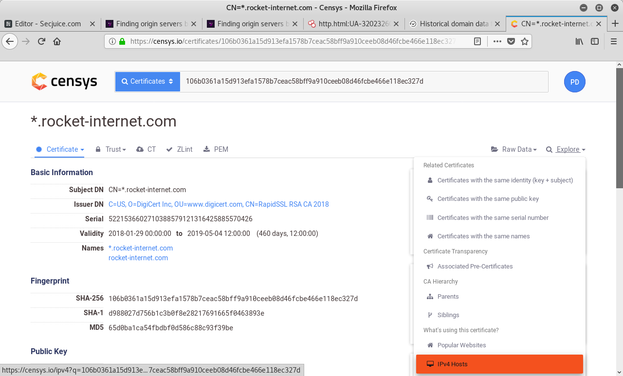 Analyzing SSL certificates on Censys and finding IPv4 hosts using it