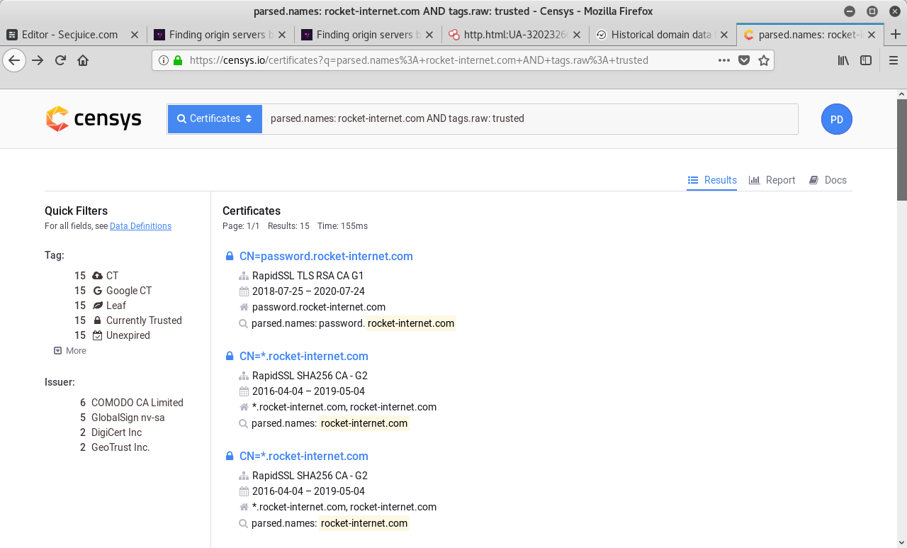 Finding certificates on Censys by domain